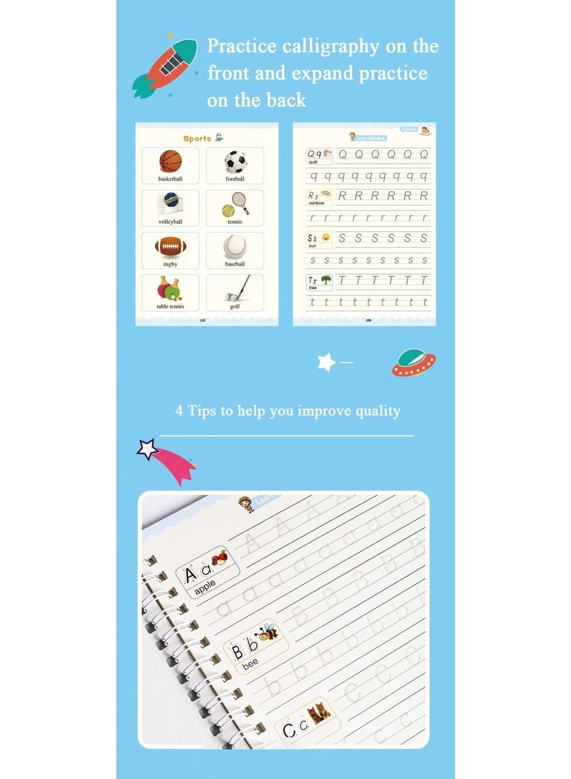 Sank Magic Magic Practice Copybook Reusable Handwriting Tracing Workbook Set, 4 Books with Magic Pen, Refills & Grip, Preschool Learning, Alphabet Number Math Drawing Writing Practice for Kids 3-6 Years - Image 5