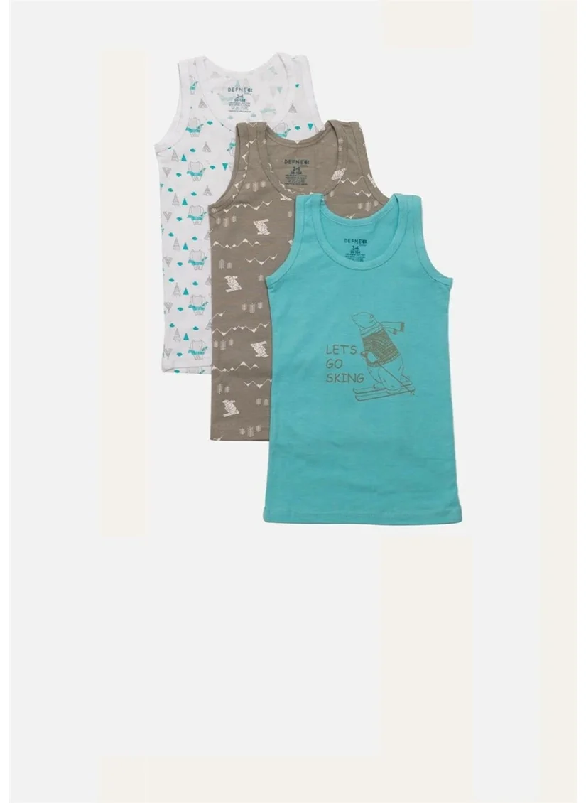 Defne Skier Bear Patterned Elastane Combed Cotton Boy 3-Piece Undershirt Set