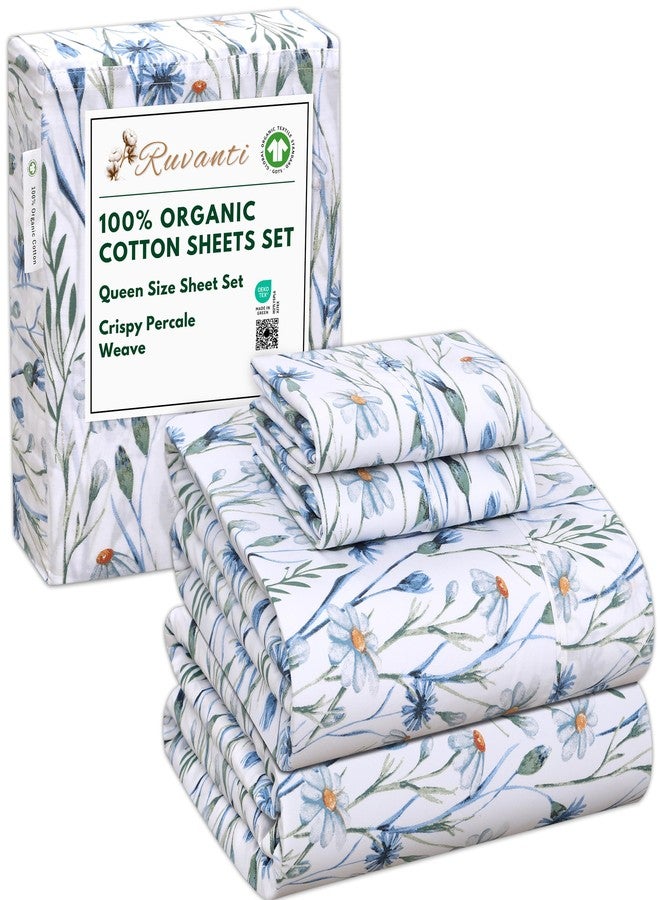 RUVANTI 100% Organic Cotton Sheets Queen Size, Percale Weave, GOTS Certified, 4-Piece Set, Deep Pocket 15", Crisp & Breathable, Soft Durable Bedding, Sábanas Algodón Orgánico - Daisy Bud - Image 1