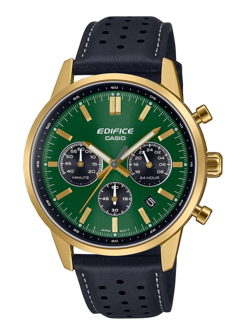CASIO Edifice EFR-575CL-3A Quartz Chronograph Black Leather Green Dial Men's Watch-47.9 × 40.5 × 12.6 mm