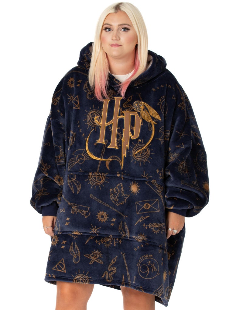 Harry Potter Womens Wearable Blanket Hoodie | Adults Navy Grey Hooded Pullover with Hogwarts Graphic All Over Print | One Size Sherpa Lined Loungewear with Pockets - Image 1