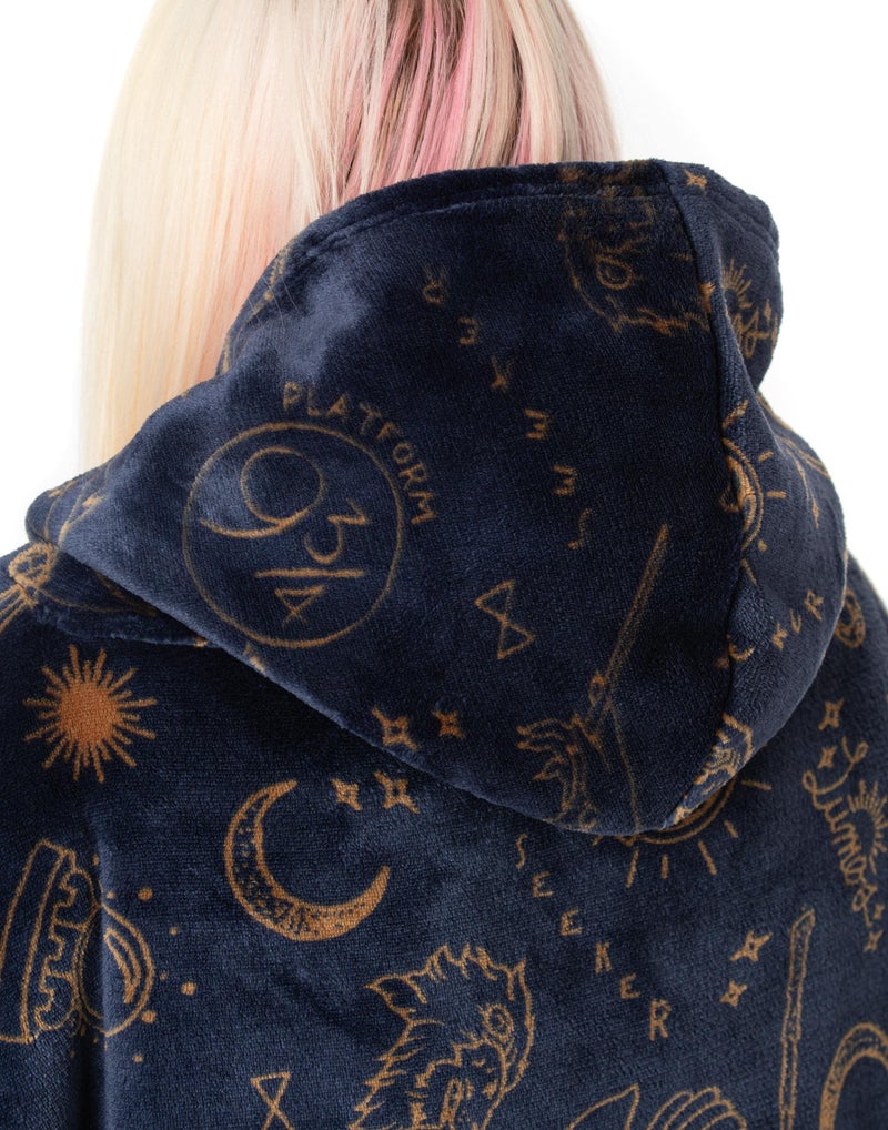 Harry Potter Womens Wearable Blanket Hoodie | Adults Navy Grey Hooded Pullover with Hogwarts Graphic All Over Print | One Size Sherpa Lined Loungewear with Pockets - Image 5