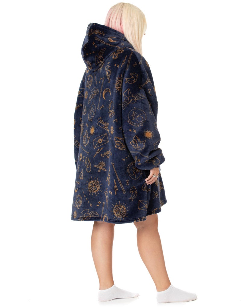 Harry Potter Womens Wearable Blanket Hoodie | Adults Navy Grey Hooded Pullover with Hogwarts Graphic All Over Print | One Size Sherpa Lined Loungewear with Pockets - Image 4
