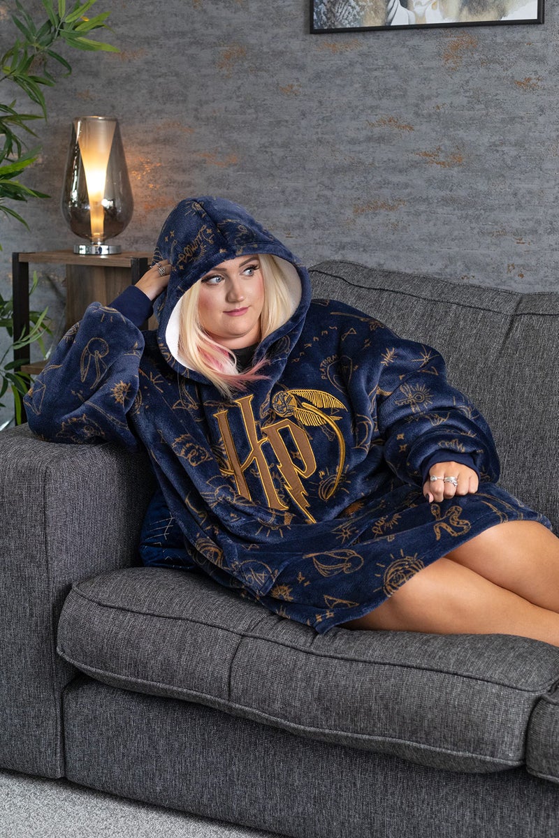 Harry Potter Womens Wearable Blanket Hoodie | Adults Navy Grey Hooded Pullover with Hogwarts Graphic All Over Print | One Size Sherpa Lined Loungewear with Pockets - Image 3