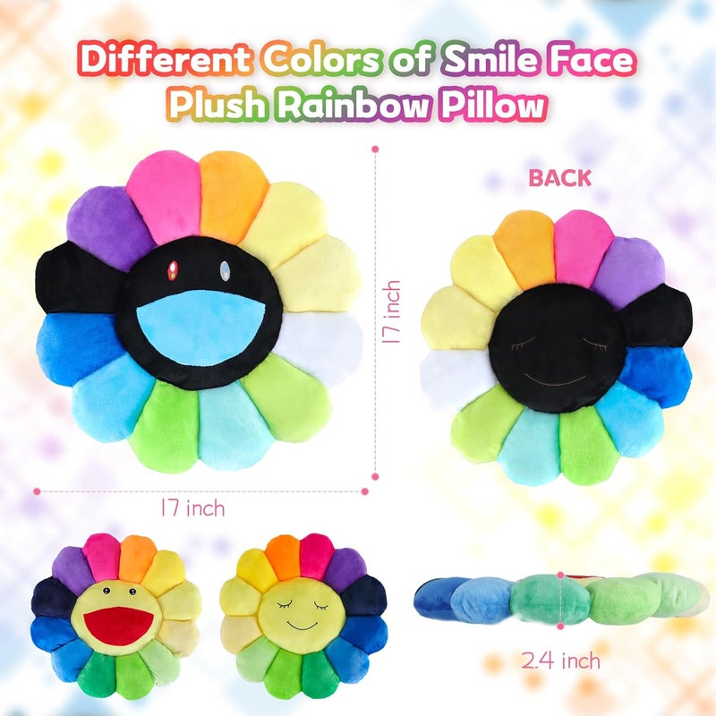 SNEPOO Smile Face Plush Rainbow Pillow, Sunflower Indie Decor Plush Pillow Soft & Comfortable Flower Floor Pillow for Home Reading Bed Room Decoration (40CM, Black Rainbow) - Image 2