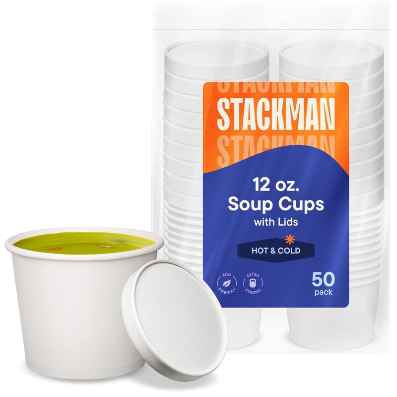 Stack Man 12 oz 50 Sets Paper Food Container with Lid Insulated Food Cups with Vented Lids Hot or Cold To Go Soup Cup for Soups Ice Cream and Yogurt EcoFriendly White