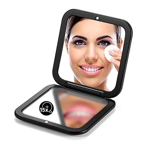 OMIRO Folding Compact Mirror, 1X/15X Magnification 3½” Pocket Size Square Hand Mirror for Travel Makeup (Black) - Image 1