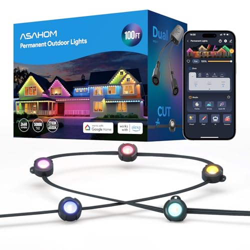 ASAHOM AI Permanent Outdoor Lights S107B, 100FT with 72 RGBCW LED Lights, 30,000 Lighting Effect, Controller with Dual Output, Extend to 800FT, Cuttable for House Outdoor Decor Daily Lighting, Black - Image 1