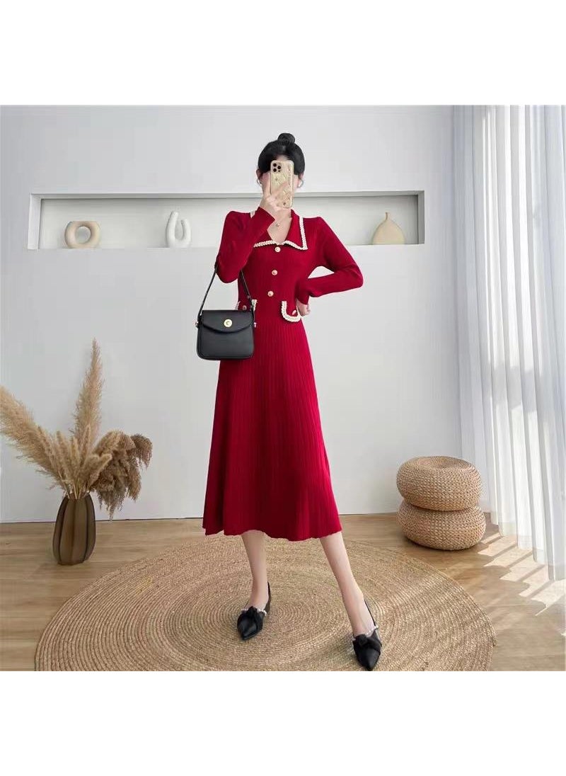 Generic Womens Autumn/Winter New Design Slimming Knit Dress High-Waisted Lapel Sweater Dress Trendy Mid-Length Base Layer Wine red  - Image 1
