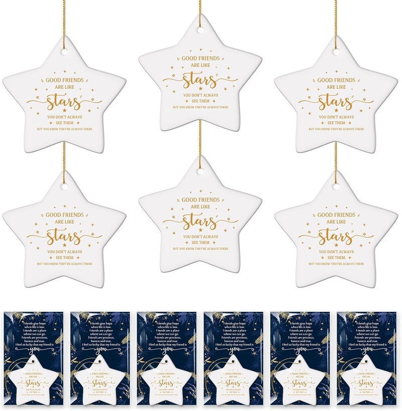 Syhood 6 Set Friendship Christmas Ornaments 2025 Good Friends are Like Stars Ceramic Ornaments with Gift Cards OPP Bags Christmas Friend Gifts for Women Best Friend Ornaments for Xmas Tree Decorations - Image 1