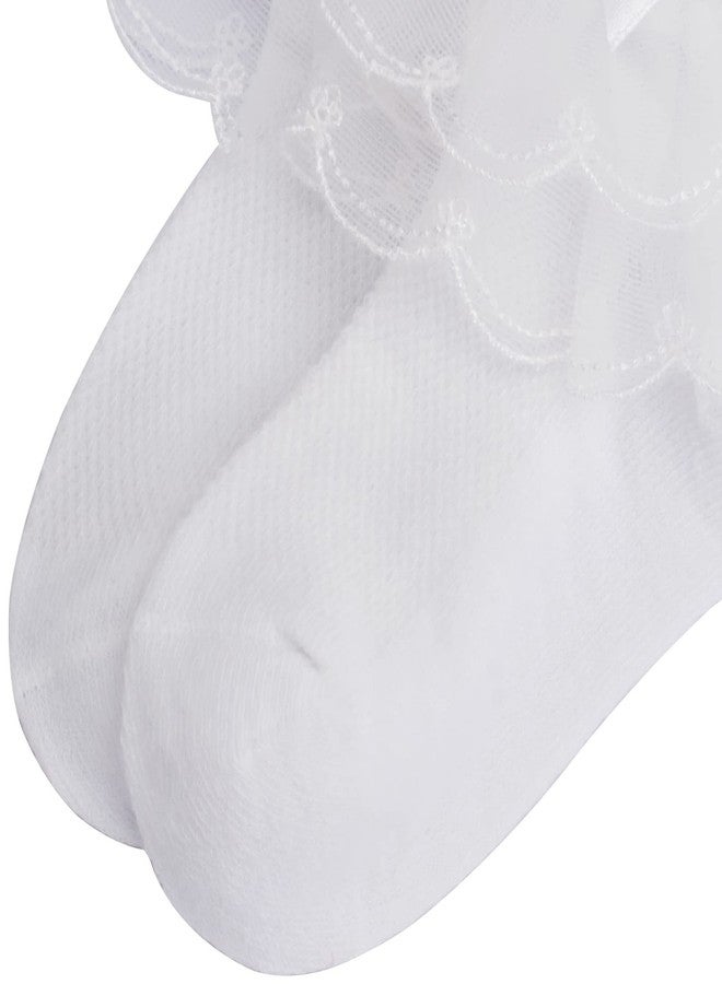 Looching Baby Girls Eyelet Frilly Lace Socks Toddler Girl Cotton Princess Ruffles Socks with Bowknot Pack of 5 (White, 6-8 Years) - Image 5