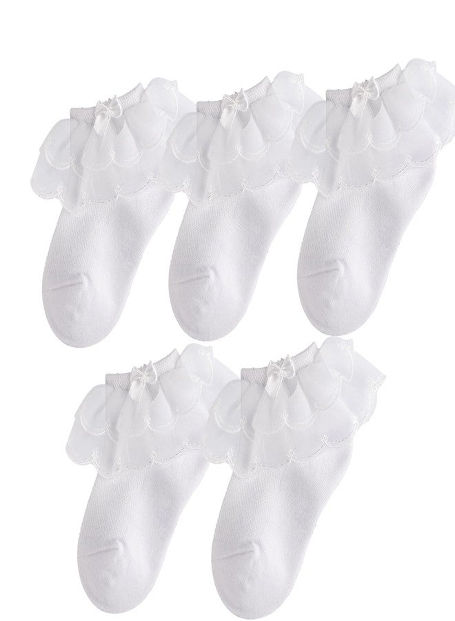 Looching Baby Girls Eyelet Frilly Lace Socks Toddler Girl Cotton Princess Ruffles Socks with Bowknot Pack of 5 (White, 6-8 Years) - Image 2