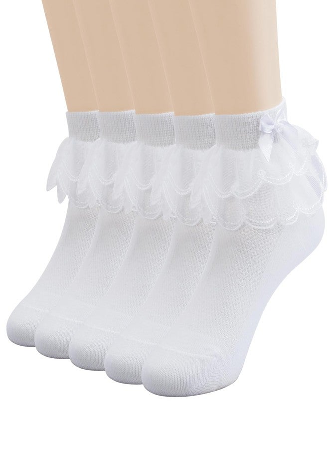Looching Baby Girls Eyelet Frilly Lace Socks Toddler Girl Cotton Princess Ruffles Socks with Bowknot Pack of 5 (White, 6-8 Years) - Image 1