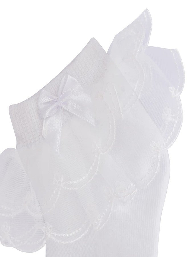 Looching Baby Girls Eyelet Frilly Lace Socks Toddler Girl Cotton Princess Ruffles Socks with Bowknot Pack of 5 (White, 6-8 Years) - Image 4