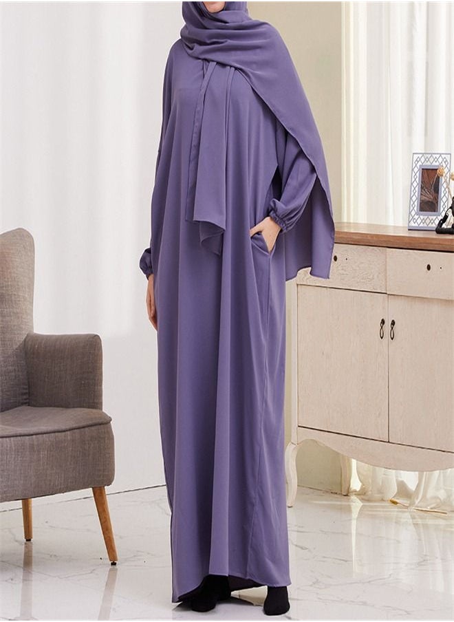 Loquat Hooded Scarf Solid Color Gown Abaya Purple  - Image 2