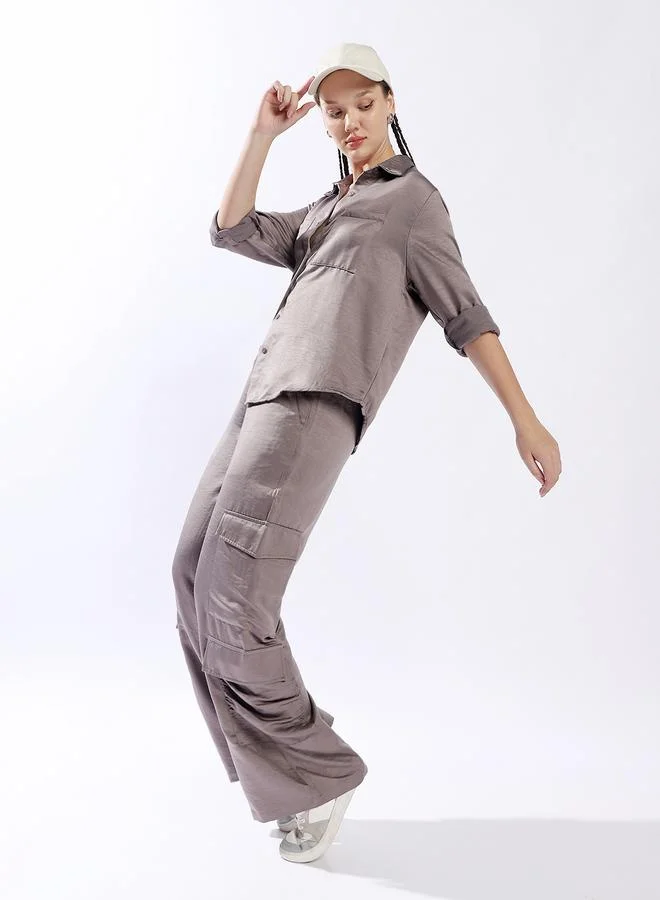 هوبرهولمي بنطلون نسائي واسع الساق بلون رمادي متوسط من البوليستر بنسبة % بنمط سادة وطول كامل