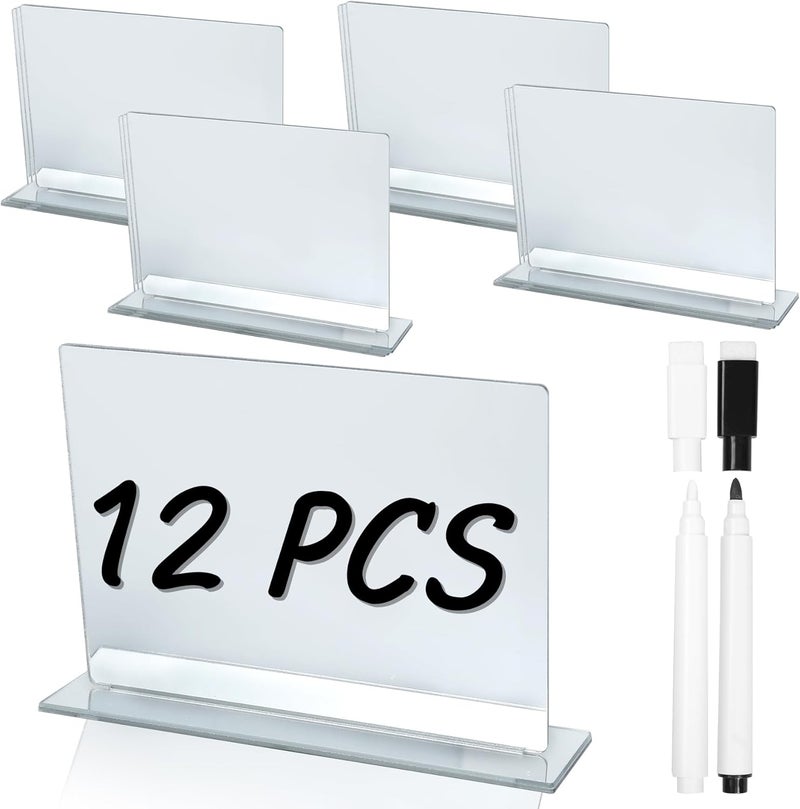 Ohmique 12 PCS Food Labels for Party Buffet - Silvery Food Signs for Buffet, Acrylic Rectangle Mini Signs with Base & 2 Markers, Reusable Party Wedding Retail Table Labels (3.9"x3") - Image 1
