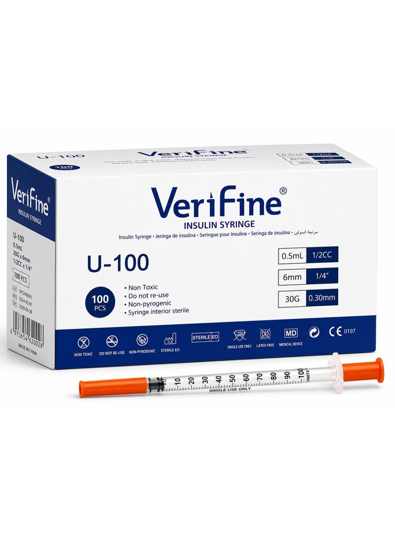0.5ml 30G x 6mm Insulin Syringe Individual – Sterile U-100 Disposable Syringe 100PCS