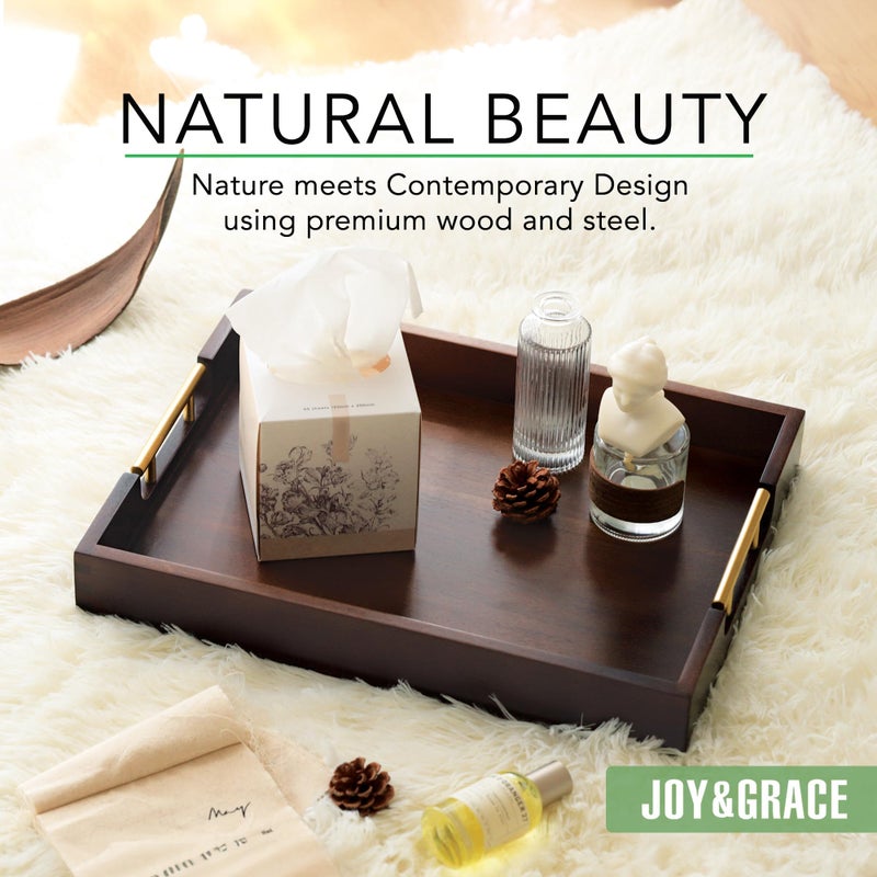Joy&Grace Ottoman Tray for Living Room, Large Acacia Wooden Serving Tray with Handles for Coffee Table, Breakfast in Bed, Food Dinner, Decorative Tray (Sleek Brown, 16.7" x 12.8" x 2") - Image 3
