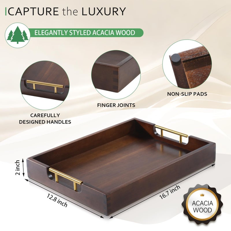Joy&Grace Ottoman Tray for Living Room, Large Acacia Wooden Serving Tray with Handles for Coffee Table, Breakfast in Bed, Food Dinner, Decorative Tray (Sleek Brown, 16.7" x 12.8" x 2") - Image 2