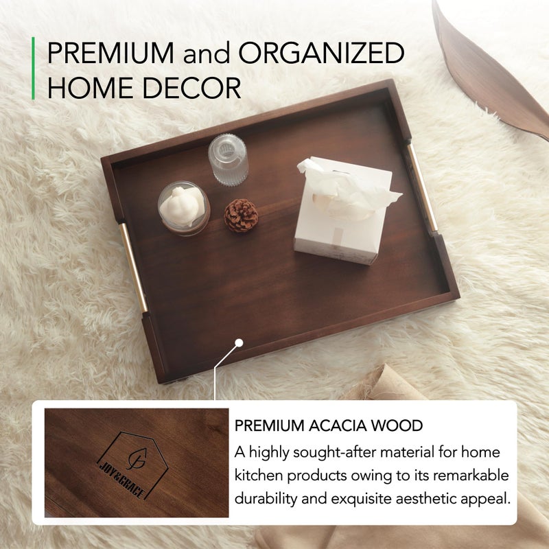 Joy&Grace Ottoman Tray for Living Room, Large Acacia Wooden Serving Tray with Handles for Coffee Table, Breakfast in Bed, Food Dinner, Decorative Tray (Sleek Brown, 16.7" x 12.8" x 2") - Image 4