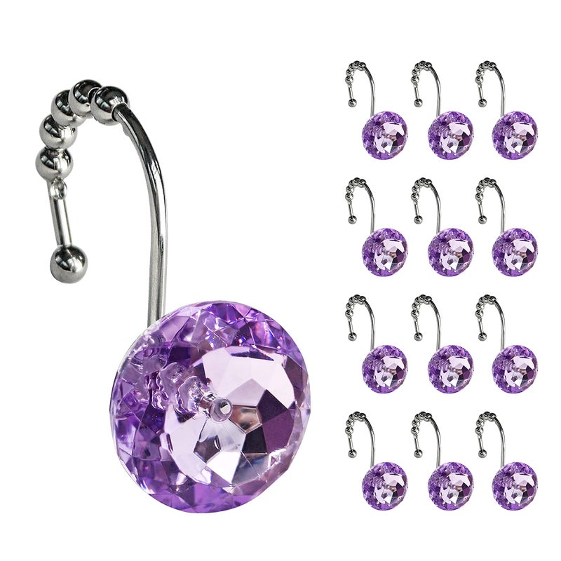 Sunlit Sunlit Luxury Design Round Purple Diamond Crystal Gem Bling with Glide Balls Shower Curtain Hooks Rust Proof Metal Rhinestones Glam Shower Curtain Rings12 Pack 