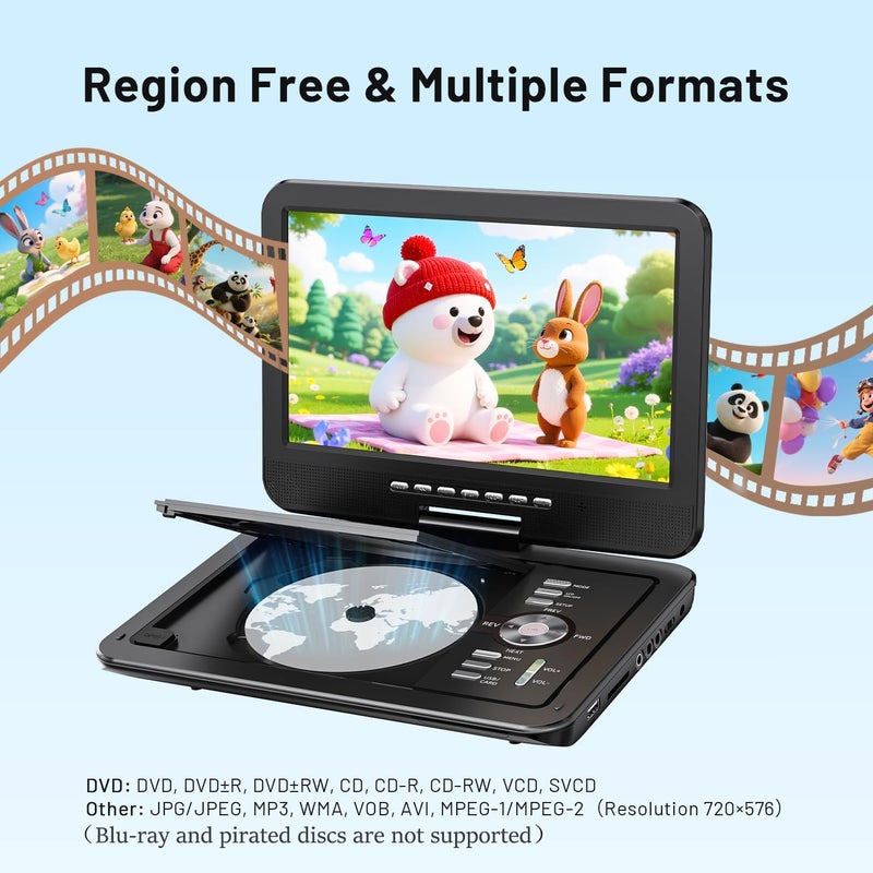 مشغل DVD محمول POFOTO 12.5 بوصة مع شاشة دوارة عالية الدقة 10.5 بوصة، عمر بطارية 6 ساعات، مشغل DVD للسيارة مع مكبرات صوت مزدوجة، يدعم CD/DVD/USB/SD Card، يشمل حامل مسند الرأس للسيارة وجهاز تحكم عن بعد - Image 4