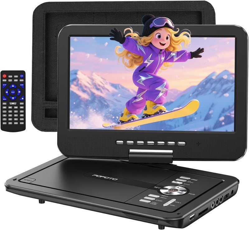 مشغل DVD محمول POFOTO 12.5 بوصة مع شاشة دوارة عالية الدقة 10.5 بوصة، عمر بطارية 6 ساعات، مشغل DVD للسيارة مع مكبرات صوت مزدوجة، يدعم CD/DVD/USB/SD Card، يشمل حامل مسند الرأس للسيارة وجهاز تحكم عن بعد - Image 1