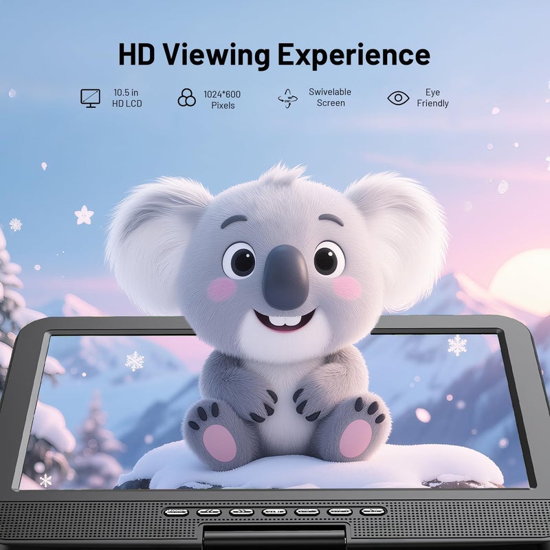 مشغل DVD محمول POFOTO 12.5 بوصة مع شاشة دوارة عالية الدقة 10.5 بوصة، عمر بطارية 6 ساعات، مشغل DVD للسيارة مع مكبرات صوت مزدوجة، يدعم CD/DVD/USB/SD Card، يشمل حامل مسند الرأس للسيارة وجهاز تحكم عن بعد - Image 2