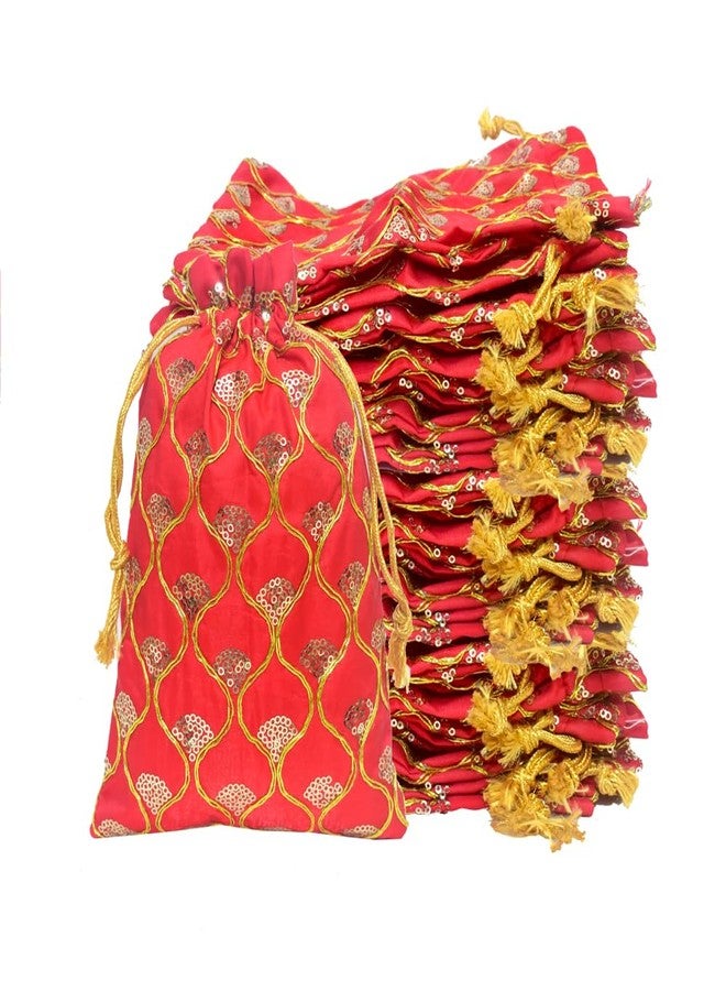Dulhan DLC Set of 2 Medium Size Silk Fabric JHAROKHA Potli Bags for Return Gifts with embroidered Heavy Sequin Work, Red ethnic potli jewelry bag for Women Handbag 7 x 9 inches By Dulhan - Image 1