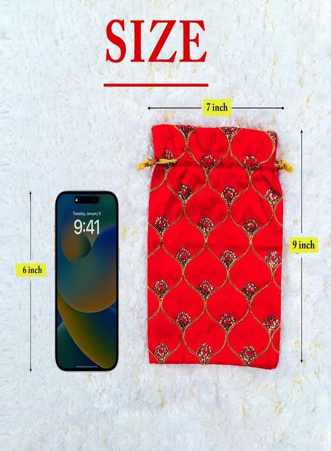 Dulhan DLC Set of 2 Medium Size Silk Fabric JHAROKHA Potli Bags for Return Gifts with embroidered Heavy Sequin Work, Red ethnic potli jewelry bag for Women Handbag 7 x 9 inches By Dulhan - Image 2