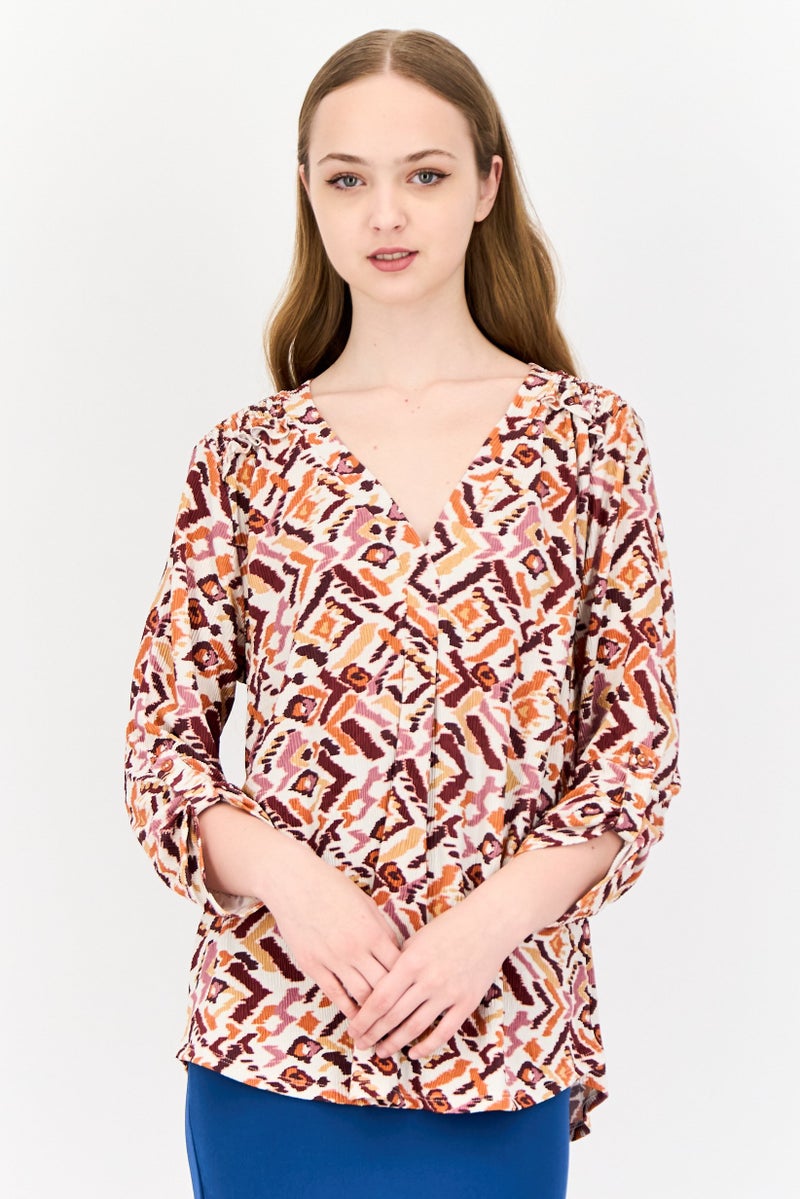 Cable & Gauge Women V-Neck Long Sleeves Allover Print Top, Multicolor - Image 1