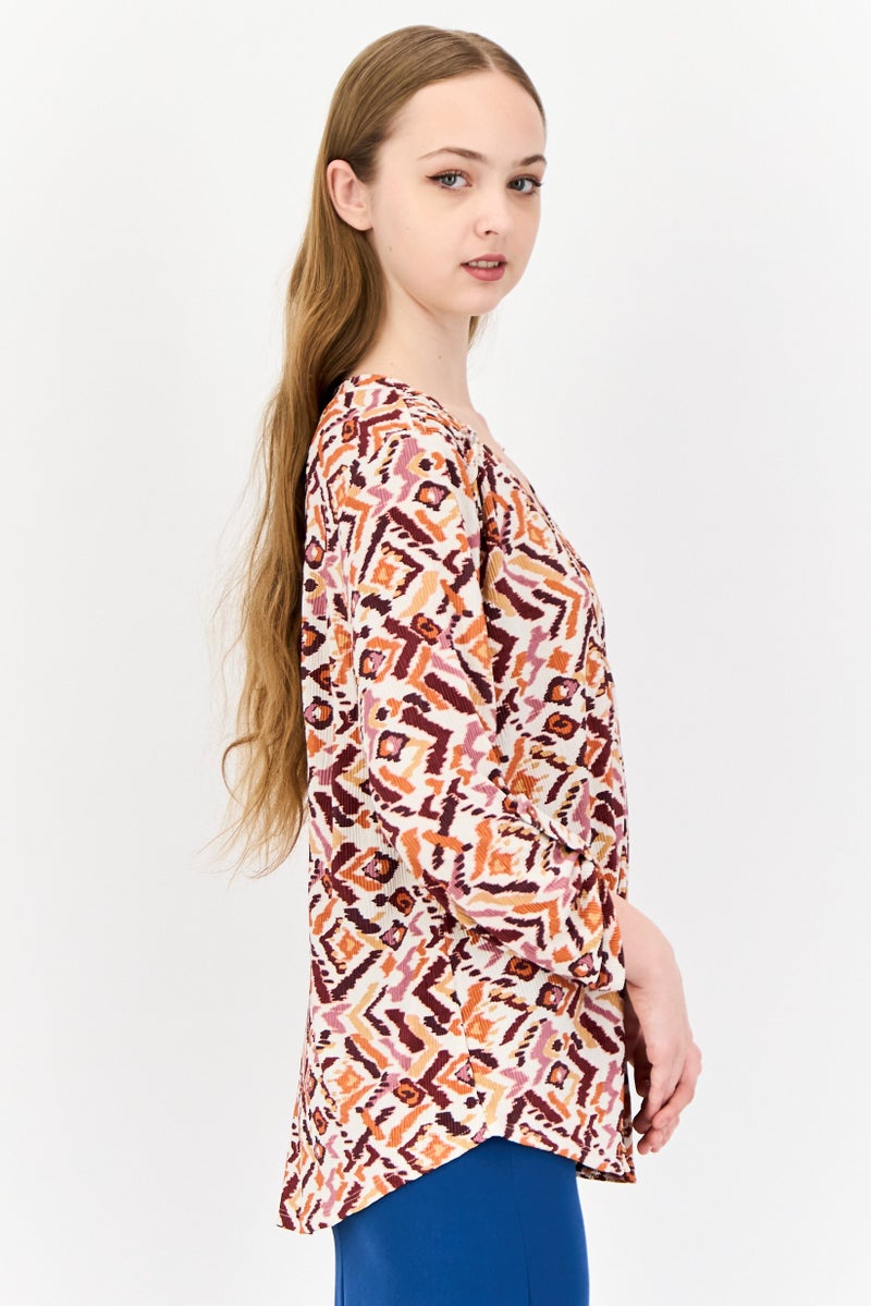 Cable & Gauge Women V-Neck Long Sleeves Allover Print Top, Multicolor - Image 3