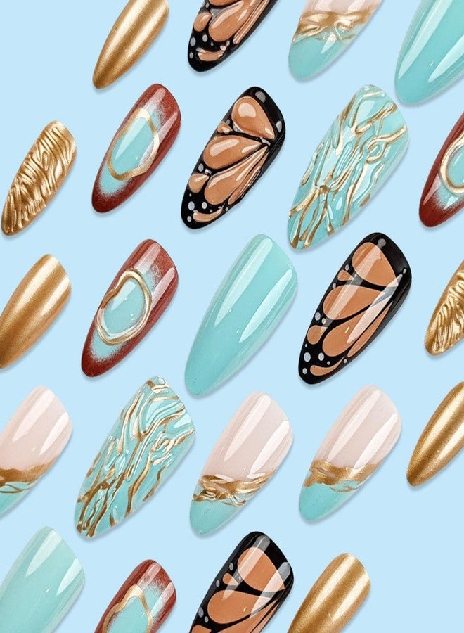 HJKDSFD 3D Press on Nails Short Almond Fake Nails Lake Blue Gradient Glue on Nails Glossy Butterfly Wings False Nails with Ripple Designs French Tip Acrylic Nails Cute Stick on Nails for Women 24Pcs - Image 3