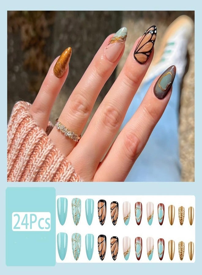 HJKDSFD 3D Press on Nails Short Almond Fake Nails Lake Blue Gradient Glue on Nails Glossy Butterfly Wings False Nails with Ripple Designs French Tip Acrylic Nails Cute Stick on Nails for Women 24Pcs - Image 2