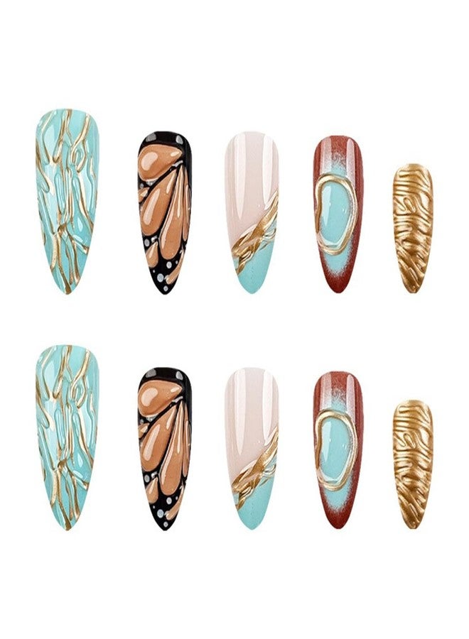 HJKDSFD 3D Press on Nails Short Almond Fake Nails Lake Blue Gradient Glue on Nails Glossy Butterfly Wings False Nails with Ripple Designs French Tip Acrylic Nails Cute Stick on Nails for Women 24Pcs - Image 5