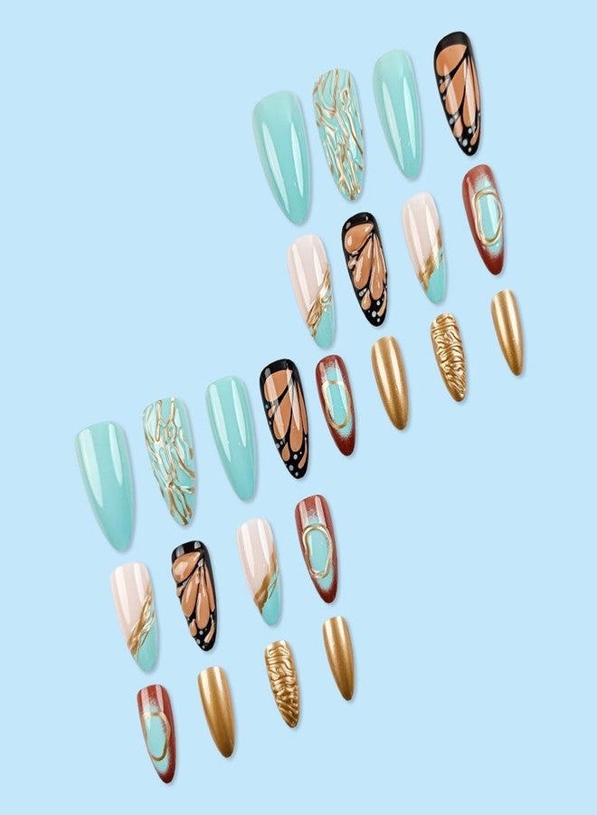 HJKDSFD 3D Press on Nails Short Almond Fake Nails Lake Blue Gradient Glue on Nails Glossy Butterfly Wings False Nails with Ripple Designs French Tip Acrylic Nails Cute Stick on Nails for Women 24Pcs - Image 4