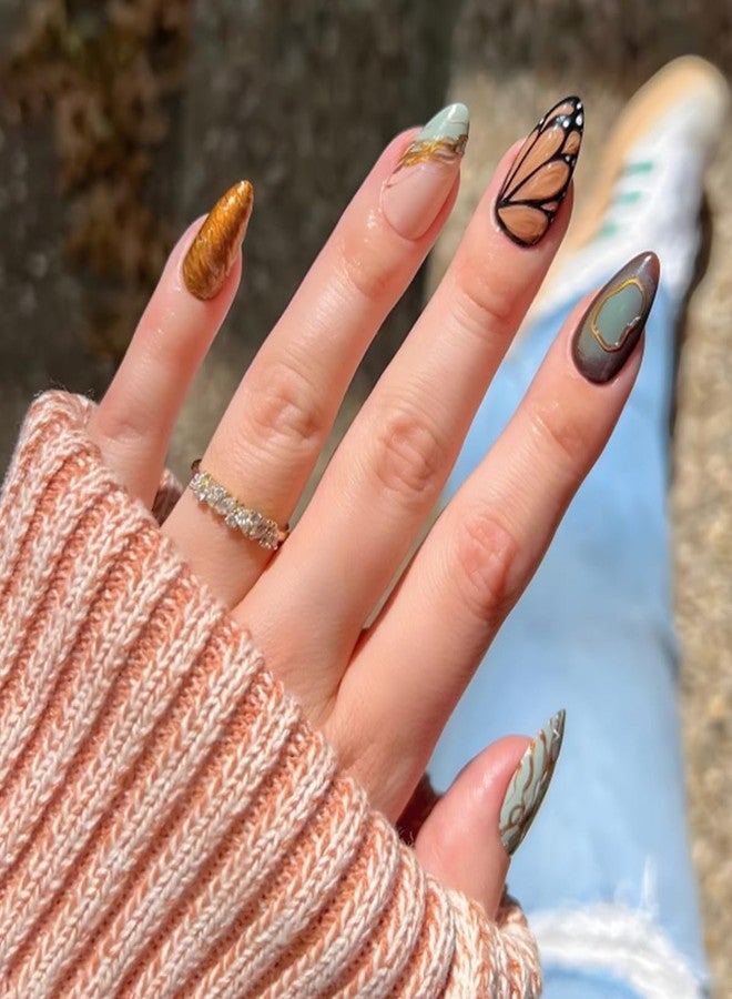 HJKDSFD 3D Press on Nails Short Almond Fake Nails Lake Blue Gradient Glue on Nails Glossy Butterfly Wings False Nails with Ripple Designs French Tip Acrylic Nails Cute Stick on Nails for Women 24Pcs - Image 1