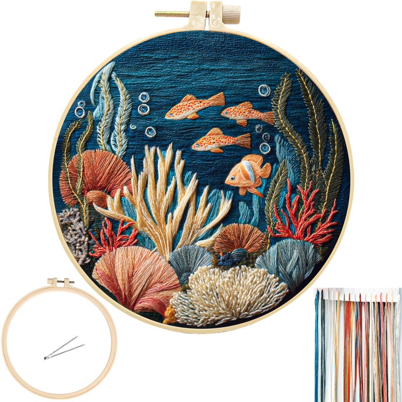FONNUY Underwater World Embroidery Kit Cross Stitch Coral Reefs Kits for Beginners Handmade Crafts with Printed Patterns for Beginner Adults Color Thread Needlework 8 Hoop Sea World 1 - Image 3