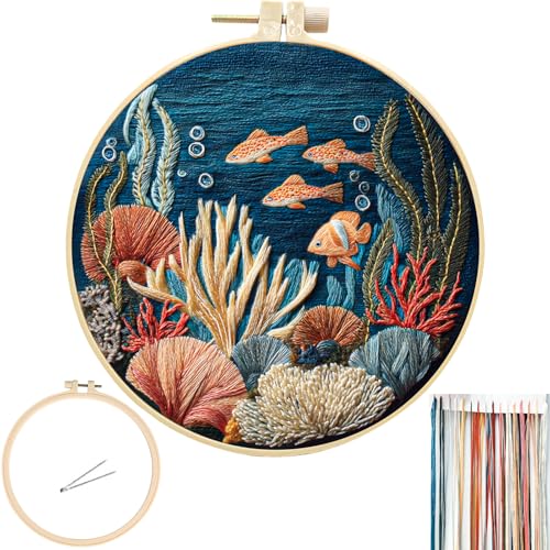 FONNUY Underwater World Embroidery Kit Cross Stitch Coral Reefs Kits for Beginners Handmade Crafts with Printed Patterns for Beginner Adults Color Thread Needlework 8 Hoop Sea World 1 - Image 1