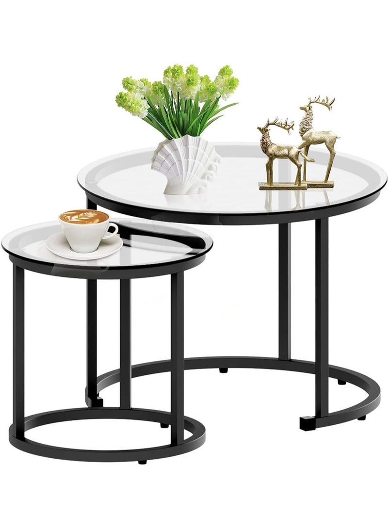 AGD Nesting Glass Coffee Table Set of 2, Modern Round Metal Side Table for Living Room Bedroom Small Apartment Areas with Glass Top and Metal Frame - Image 1