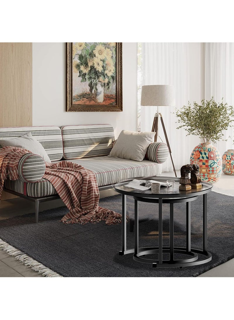 AGD Nesting Glass Coffee Table Set of 2, Modern Round Metal Side Table for Living Room Bedroom Small Apartment Areas with Glass Top and Metal Frame - Image 4