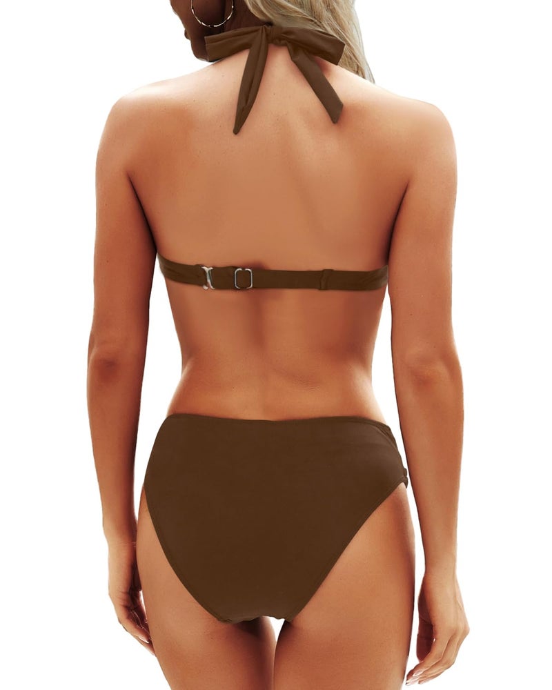 Yonique Women Two Piece Bathing Suits Push Up Bikini Set Halter Swimsuit Vintage Swimwear Brown M - Image 2