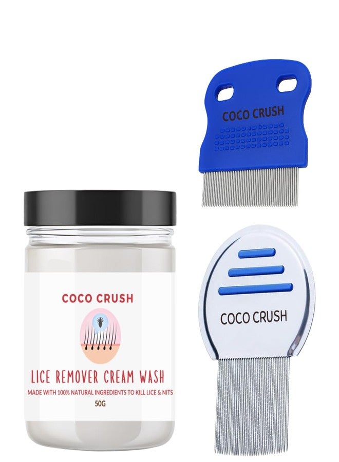 Coco Crush Anti Lice and Nits Cream Wash Kit | Fine Tooth Comb for Nits and Eggs Removal and Stainless Steel Lice Comb for Lice Cleaning | Herbal Natural Safe and Chemical-Free Treatment for All Ages (50g + 2 Comb) - Image 1