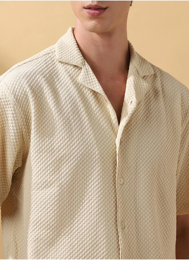 دينيس لينغو Beige 100% poly Textured Pattern Relaxed Fit Shirts for Men with Cuban Collar Neckline Half Sleeves Regular Length Upper Body Wear Button Down Button Closure Woven Weave - Perfect for Lifestyle Occasions