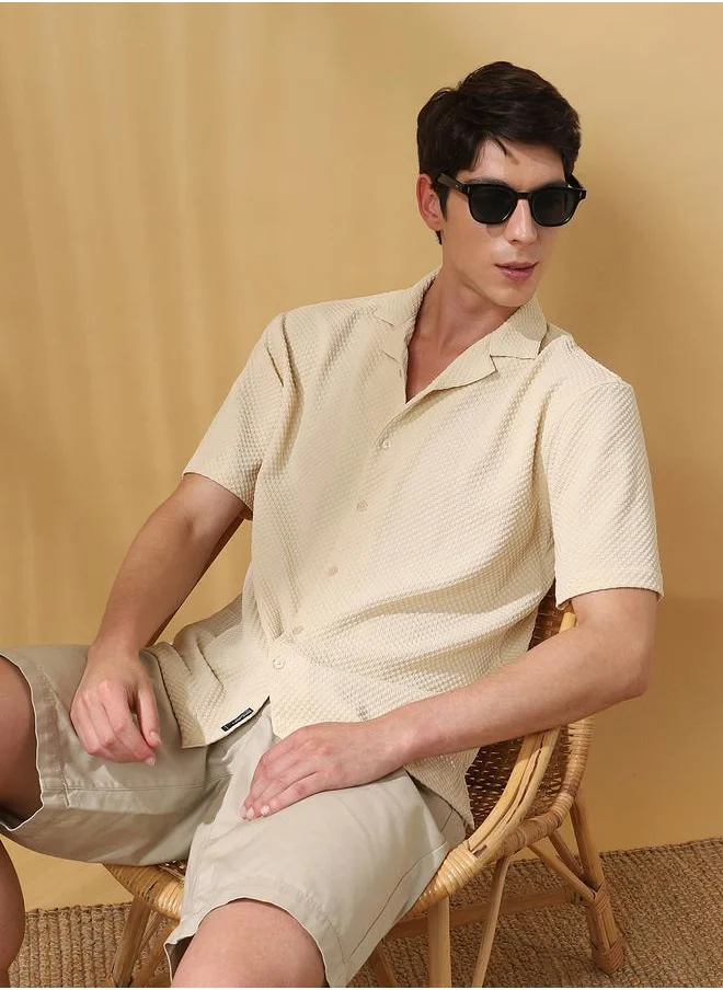 دينيس لينغو Beige 100% poly Textured Pattern Relaxed Fit Shirts for Men with Cuban Collar Neckline Half Sleeves Regular Length Upper Body Wear Button Down Button Closure Woven Weave - Perfect for Lifestyle Occasions