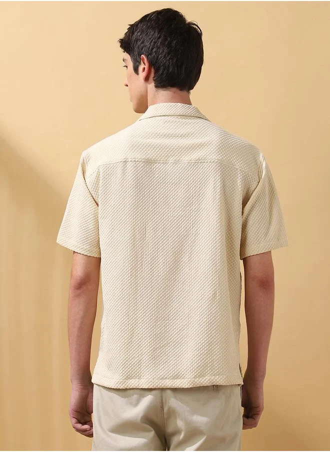 دينيس لينغو Beige 100% poly Textured Pattern Relaxed Fit Shirts for Men with Cuban Collar Neckline Half Sleeves Regular Length Upper Body Wear Button Down Button Closure Woven Weave - Perfect for Lifestyle Occasions