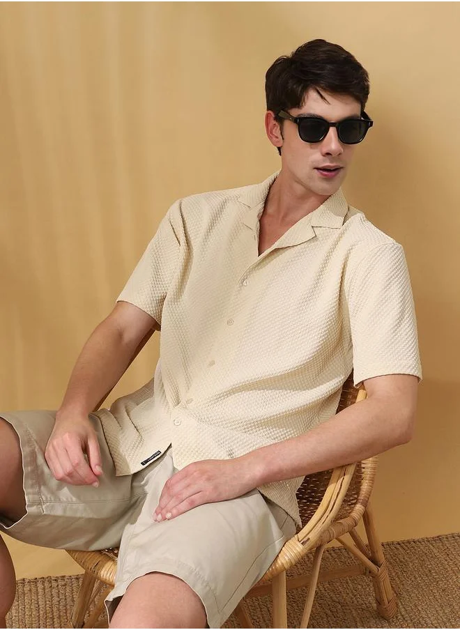 دينيس لينغو Beige 100% poly Textured Pattern Relaxed Fit Shirts for Men with Cuban Collar Neckline Half Sleeves Regular Length Upper Body Wear Button Down Button Closure Woven Weave - Perfect for Lifestyle Occasions