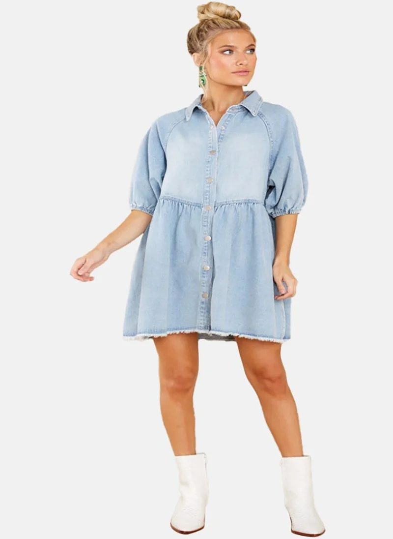 يونيكي Blue A-Line Collared Half Sleeve Dresses
