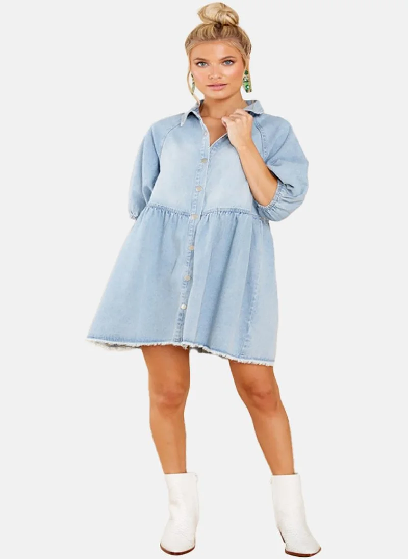 يونيكي Blue A-Line Collared Half Sleeve Dresses